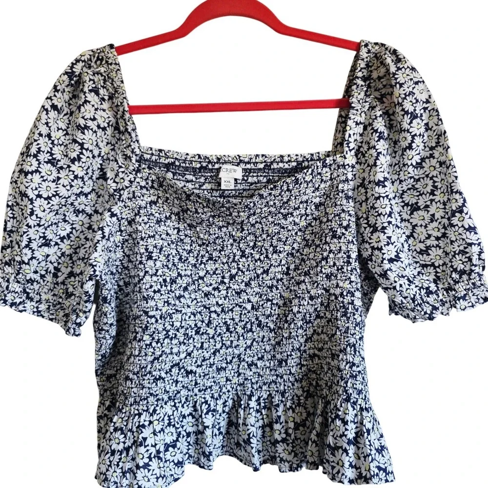 J. Crew XXL Smocked Peplum Top Navy White Floral‎ Puff Slv Square Neck 2X NEW